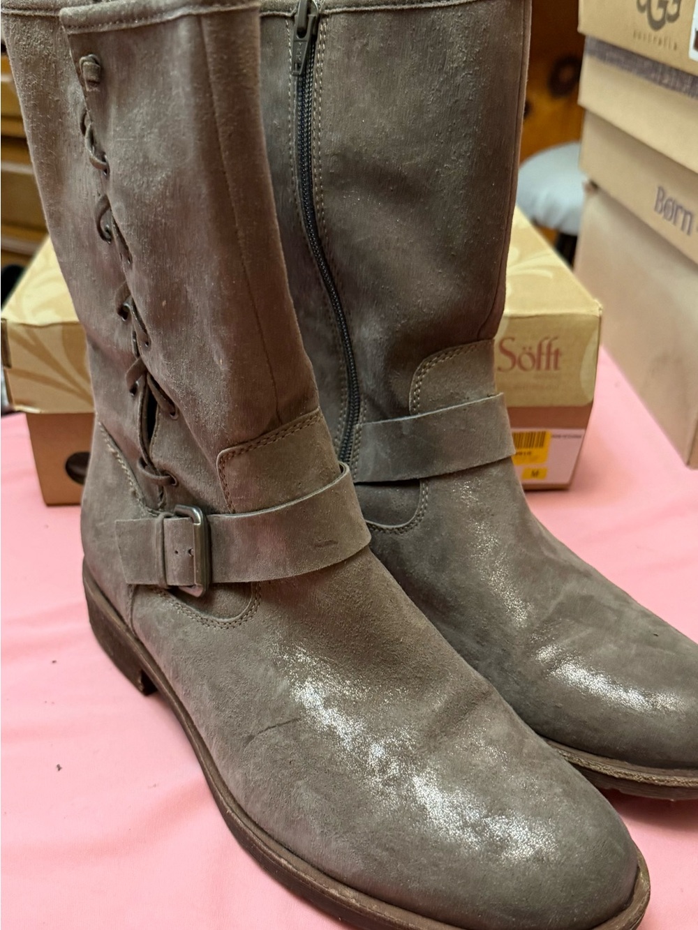 Sofft Gray Suede Mid-Calf Heeled Boots with Side Buckle USED